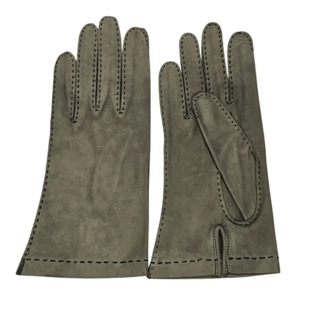 Vintage Gray Suede Driving Gloves Split Back Seam Stitching Detail Like New